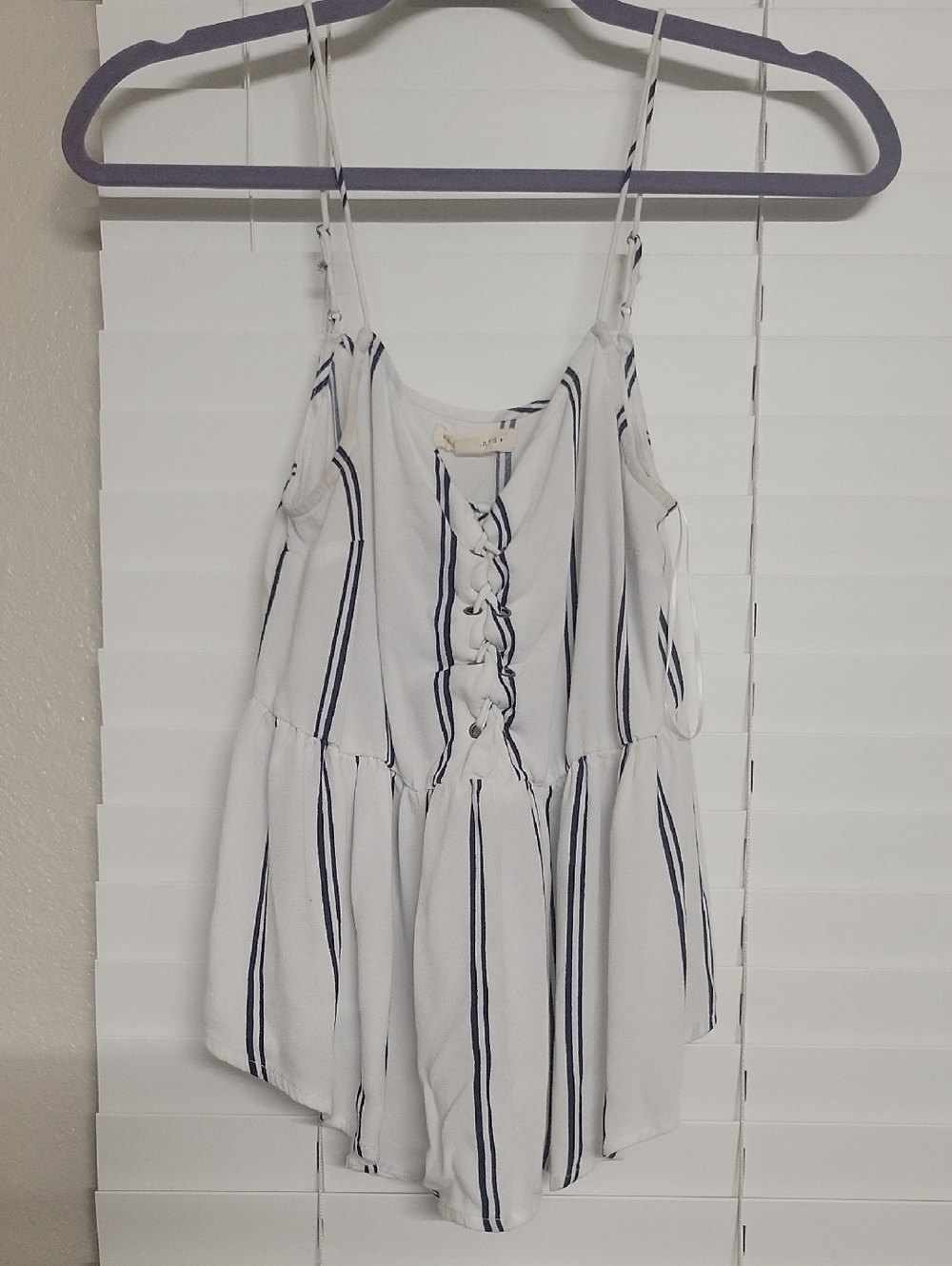 La Hearts White Tank Top with Navy Stripes and Lace-Up Front